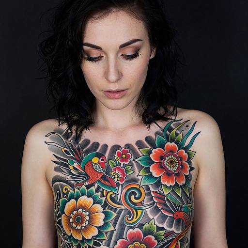 Photograph of a pale-skinned woman with black wavy hair, wearing a sleeveless shirt showcasing vibrant, colorful floral and bird tattoo on her chest