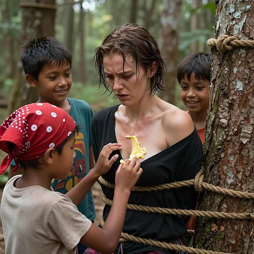 Woman Bound to Tree in Forest with Children Applying Butter