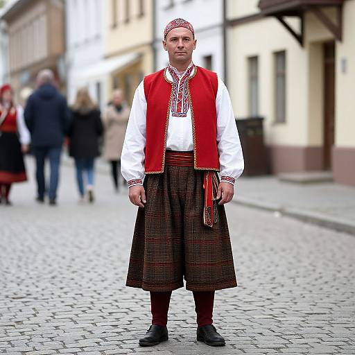 Photograph of a Caucasian man in traditional Eastern European attire: red vest, white shirt, black-and-red plaid pants, red headscarf,