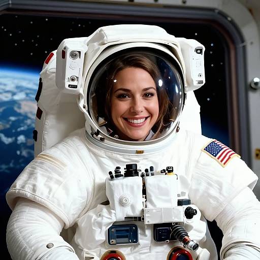 Photograph of a smiling brunette woman in a white astronaut suit with American flag patch, standing in a spaceship window overlooking Earth.