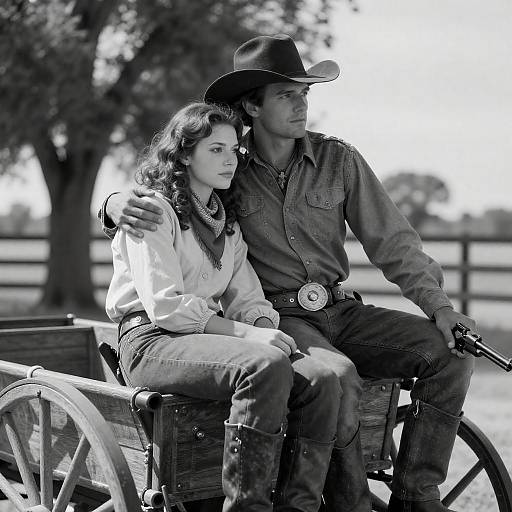 Cowboy Couple Sitting on Wagon