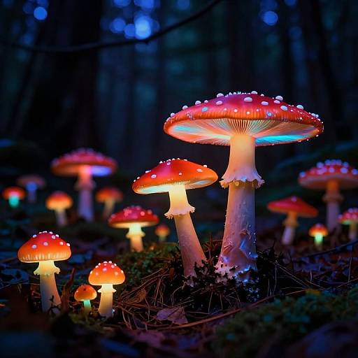 Neon Glowing Mushrooms in Forest