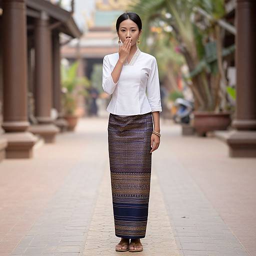 Photograph of an Asian woman with black hair, wearing a white blouse and black, patterned maxi skirt, standing in a blurred, plant-lined walk