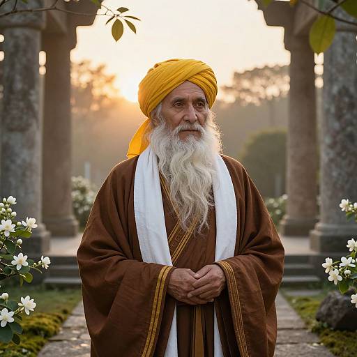 Photograph of an elderly, white-bearded man with a yellow turban, brown robe, and white scarf, standing in a sunlit, column