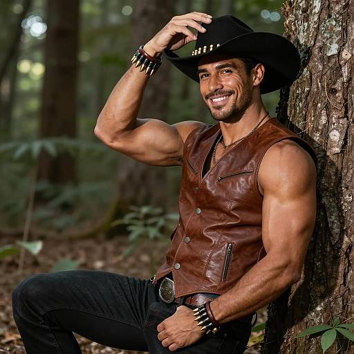 Muscular Man in Forest with Cowboy Gear