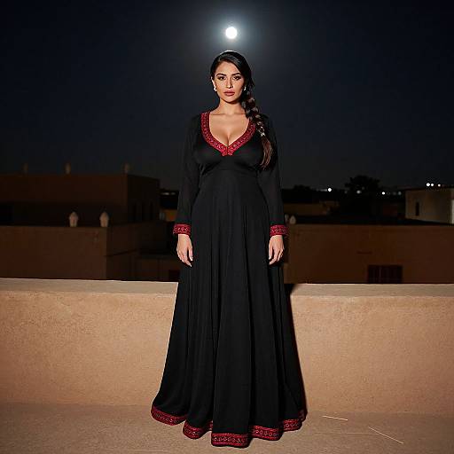 Photograph of a dark-haired woman in a black long-sleeve gown with red trim, standing on a rooftop at night under a full moon.