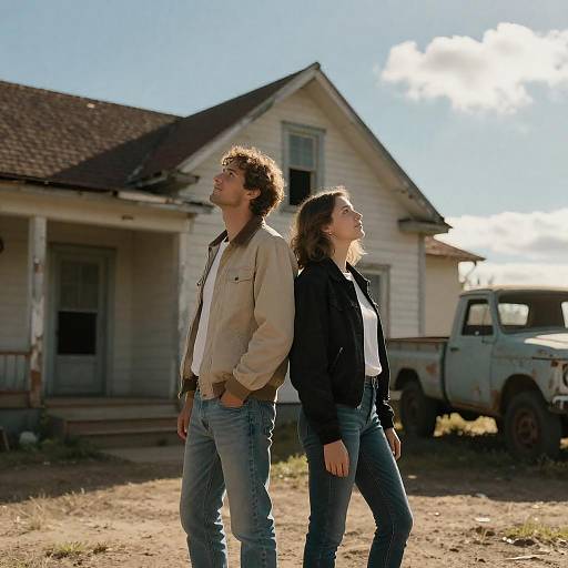 Young Couple Standing Back-to-Back Outside Old House