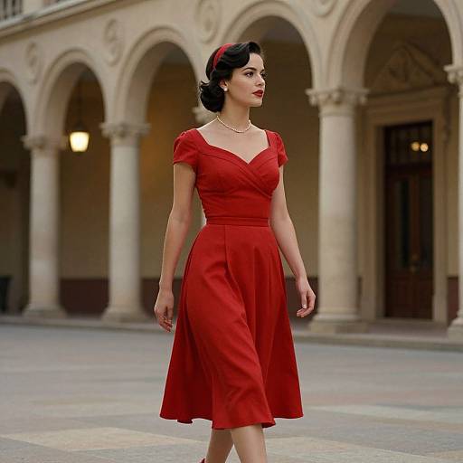 Photograph of a fair-skinned woman with dark hair in a red 1940s-style dress and red headband, standing in a historic courtyard