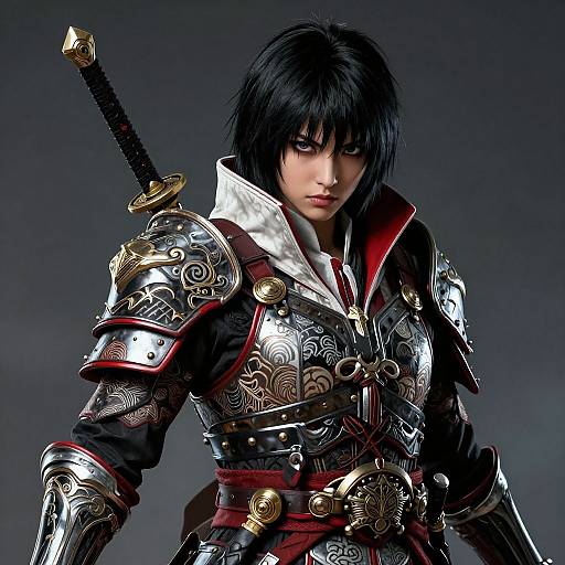 Digital artwork of a fierce, black-haired samurai with intense eyes, wearing ornate, silver armor with intricate designs, and a sheathed sword on