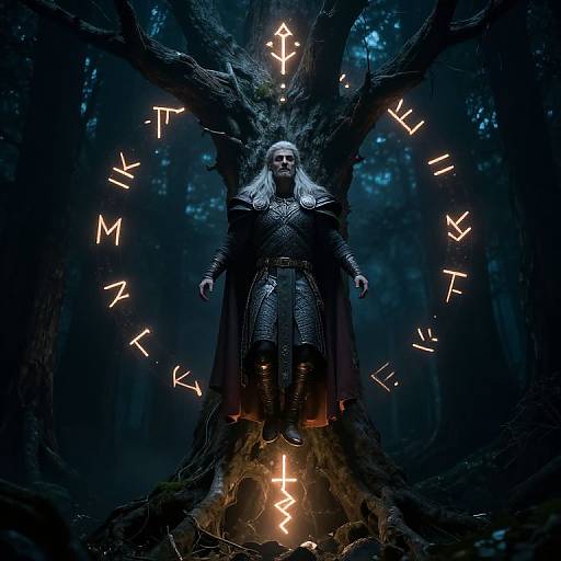 Photorealistic digital art: armored, white-haired woman stands centered under glowing runes on dark, twisted tree in eerie, blue forest.