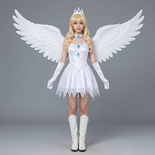 Photograph of a blonde woman in white angel costume with wings, crown, gloves, dress, and boots, standing against gray background.