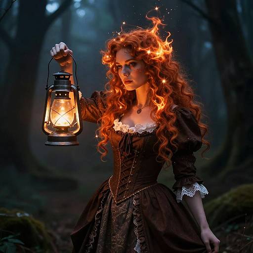 Photorealistic fantasy image of a fiery-haired woman in a dark Victorian dress holding a glowing lantern in a dark forest.