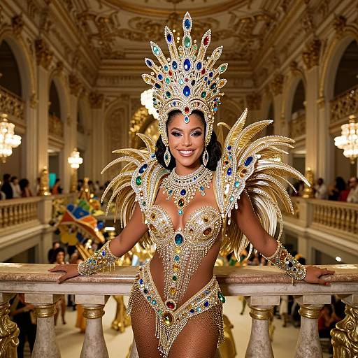 Photograph of a Black woman in an ornate, gold and jewel-encrusted Carnival costume, standing in an opulent, grand ballroom