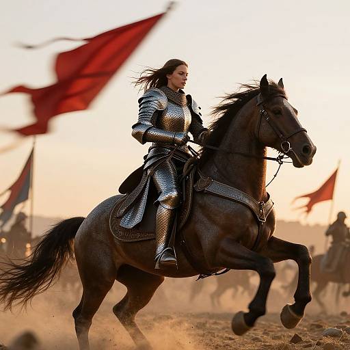 Photograph of a dark-haired warrior in shiny silver armor riding a galloping black horse, surrounded by red flags, against a dusty, sunset battlefield