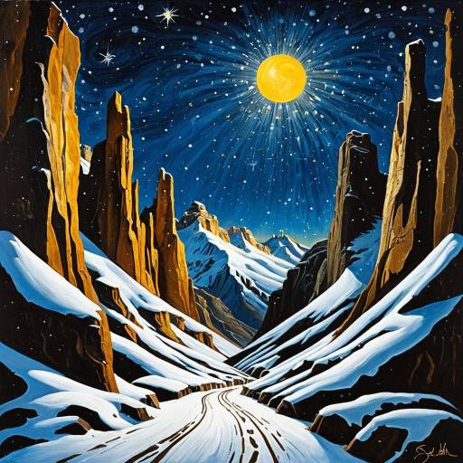 Surreal Snowy Canyon Under Radiant Sun and Stars