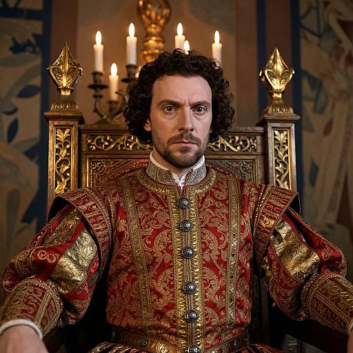 Photograph of a serious, curly-haired man in ornate red and gold Renaissance-style clothing, seated on a detailed wooden throne, with a lit candle