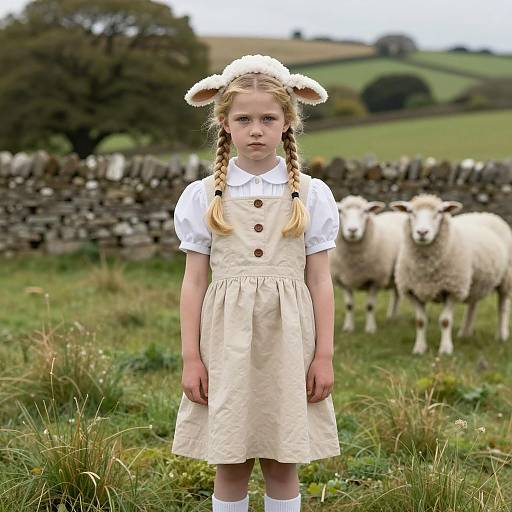 Girl in Mary Had a Little Lamb Costume in Pastoral Field