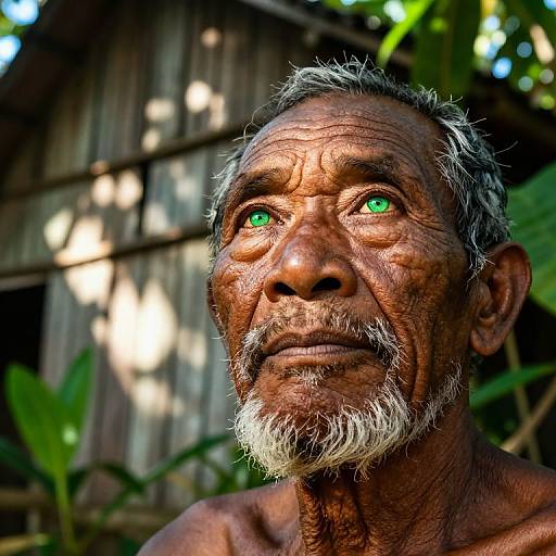 Photograph of an elderly, shirtless man with deep wrinkles, gray hair, green eyes, and a white beard, looking upward against a blurred wooden