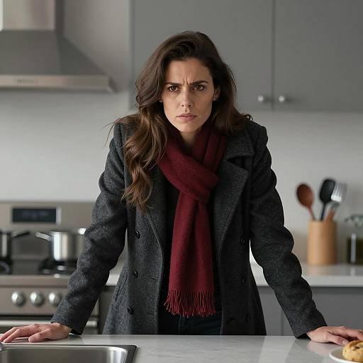 Intense Woman in Modern Kitchen Setting