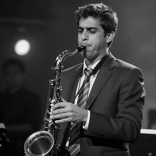 Young Man Playing Saxophone in Suit