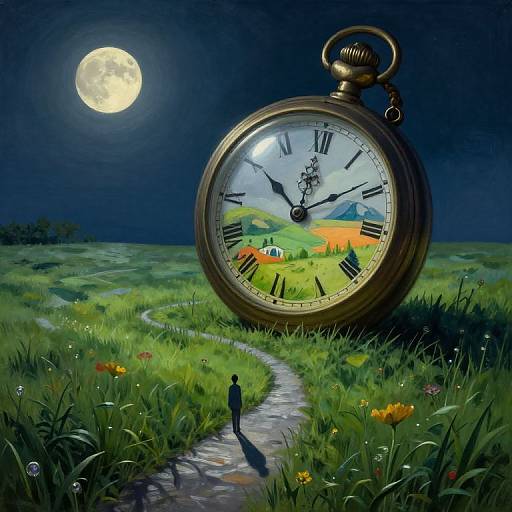 Digital painting of a giant pocket watch in a moonlit meadow, with a small figure walking a winding path, showcasing vibrant green grass, flowers,