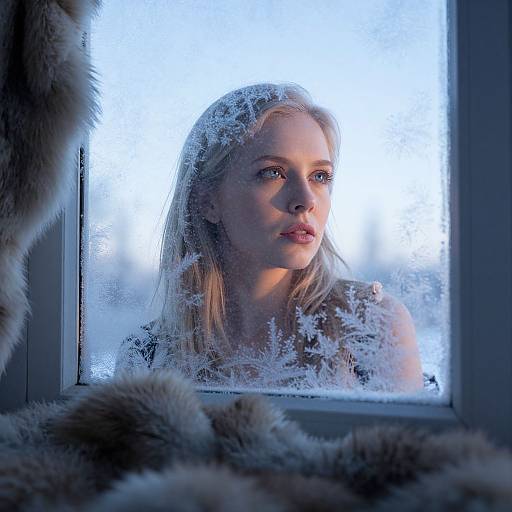 Photograph of a pensive blonde woman with blue eyes, gazing out a frosty window, framed by fur trim, in soft, cool lighting