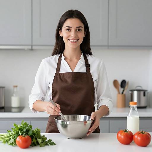 Photograph of a smiling South Asian woman with long black hair, wearing a white shirt and brown apron, mixing ingredients in a stainless steel bowl in