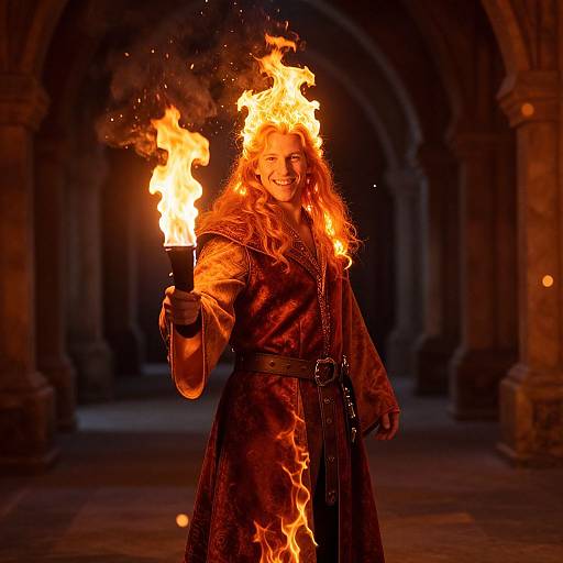 Photograph of a smiling woman with long, fiery hair, wearing a dark, glowing robe, holding a flaming torch in an ancient, dimly-l