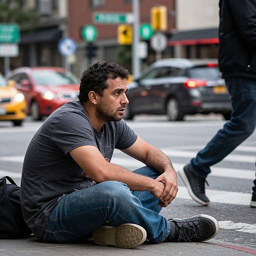 Photograph of a muscular, dark-haired man with stubble, wearing a gray T-shirt and blue jeans, sitting on a city street crosswalk,