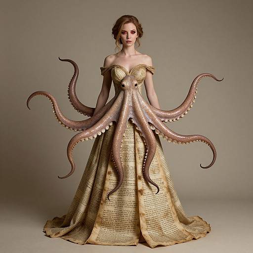 Photograph of a fair-skinned woman with brown hair in a gold, off-the-shoulder, octopus-tentacled gown, standing