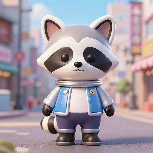 CGI raccoon character in a blue and white jacket, standing on a sunny, blurred city street with colorful buildings.