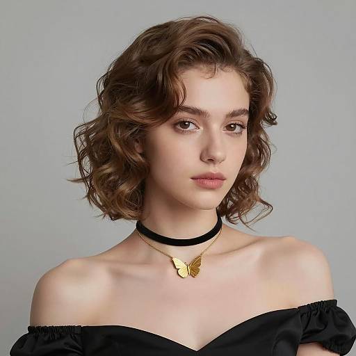 Elegant Woman with Curly Hair and Gold Butterfly Necklace