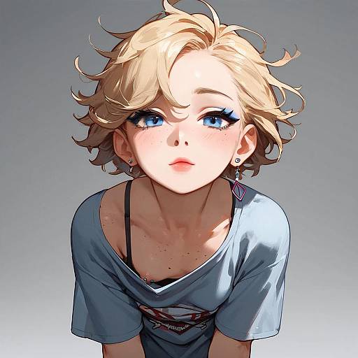 Anime Blonde Girl with Pierced Nipples in Casual Outfit