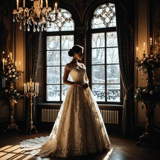 Woman in Vintage Lace Dress by Window