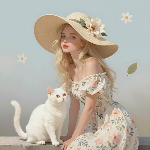Blonde Woman in Floral Dress with White Cat