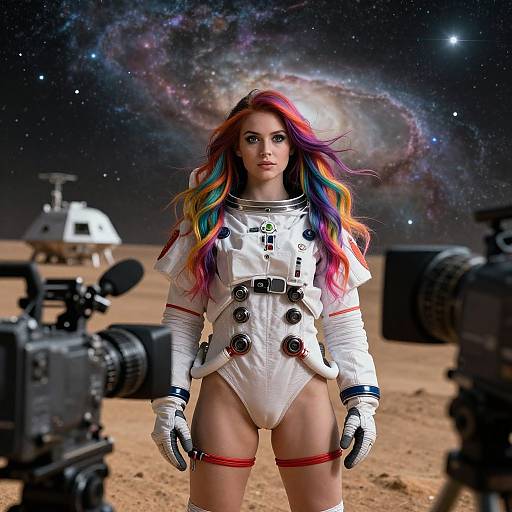 Digital artwork of a woman with rainbow hair in a white, high-collared spacesuit with buttons, standing in a desert-like lunar landscape with cameras