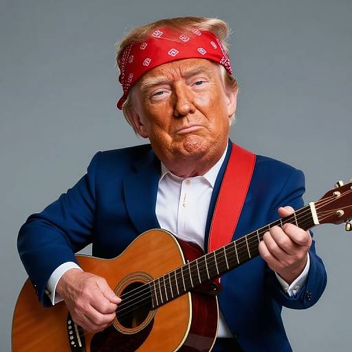 Photograph of a caricatured elderly man with a red bandana, navy blazer, white shirt, and red strap, playing an acoustic guitar