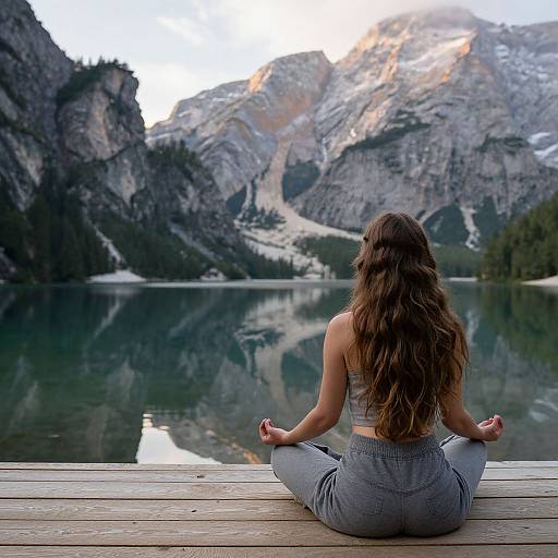 Photograph of a woman with long brown hair, sitting cross-legged on a wooden dock, meditating by a serene mountain lake with snowy peaks reflected in