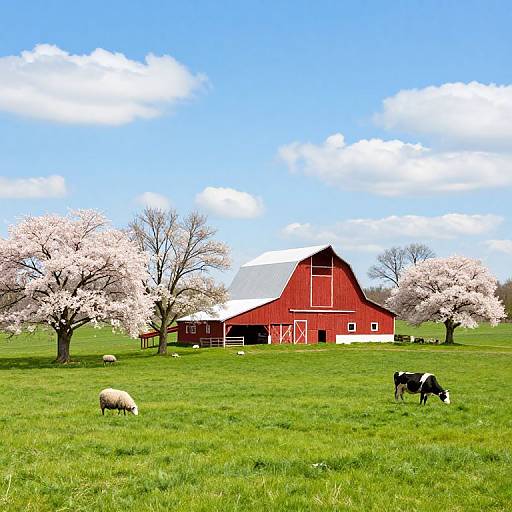 Bright red barn with white trim, surrounded by green field, cherry blossom trees, and grazing sheep under a blue, cloudy sky. Photograph.