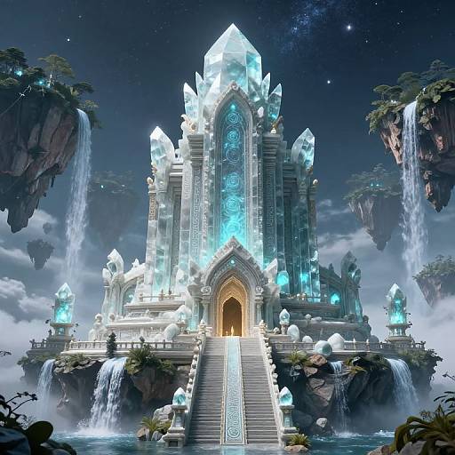 Digital artwork of a glowing, crystalline castle with blue LED lights, surrounded by waterfalls and floating islands under a starry night sky.
