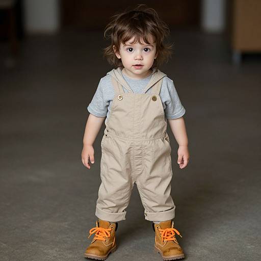 Photograph of a curious toddler with dark hair, wearing beige overalls, light blue shirt, and orange-laced brown boots, standing in a dim