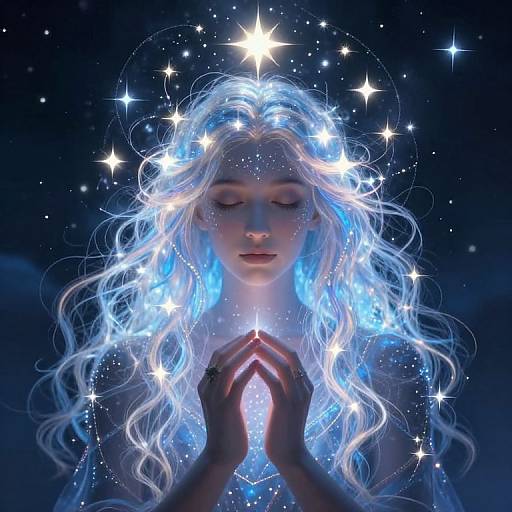 Digital artwork of a serene, ethereal woman with glowing white-blue hair and closed eyes, hands in prayer, surrounded by sparkling stars against a dark blue