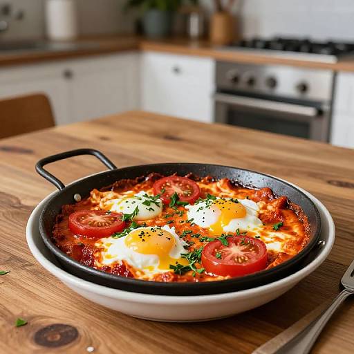 Photograph of a black skillet with sunny-side-up eggs, halved cherry tomatoes, and chopped herbs on a wooden kitchen table.