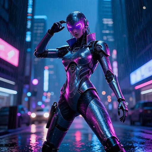 Cyberpunk female android in shiny black armor with neon pink heart on face, standing in rain-soaked city street, glowing neon signs in background.