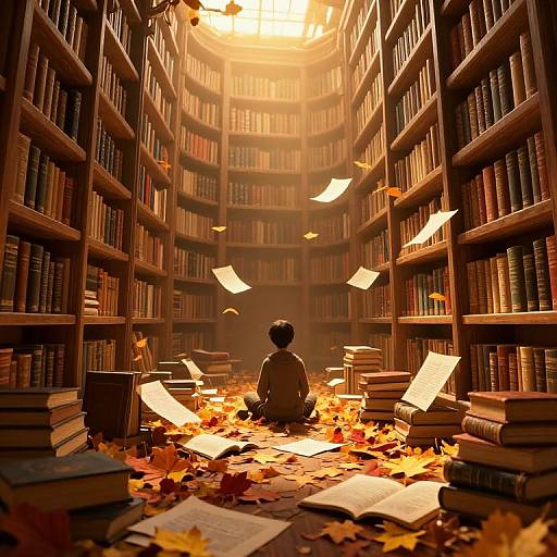 Photograph-style digital illustration of a solitary figure sitting amidst autumn leaves, surrounded by floating papers, in a sunlit, towering library.