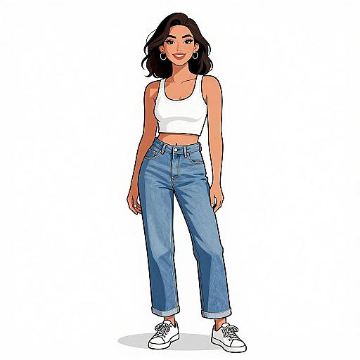 Digital illustration of a smiling woman with dark curly hair, wearing a white tank top, high-waisted blue jeans, and white sneakers, standing against