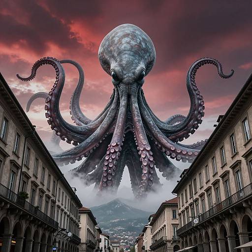 Photorealistic digital art of a massive octopus with purple tentacles towering over a foggy European street, surrounded by old buildings and a red-orange