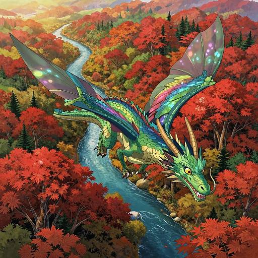 Vibrant digital illustration of a green, iridescent dragon with translucent wings flying over a winding blue river through a dense, colorful autumn forest with