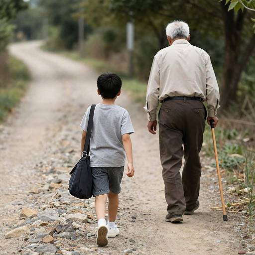 A Scenic Rural Path with Generational Walkers