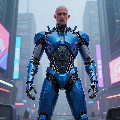 Photorealistic CGI of a bald, muscular man in a shiny blue futuristic armor standing confidently in a neon-lit, cyberpunk cityscape.